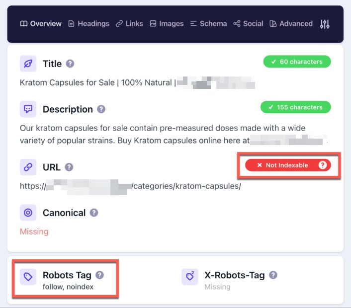 Category page marked Not indexable